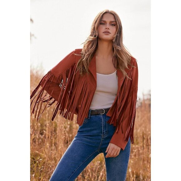 Women's  Brick Red Faux Suede Leather Tassel Motorcycle Cropped Jackets - Picture 7 of 9